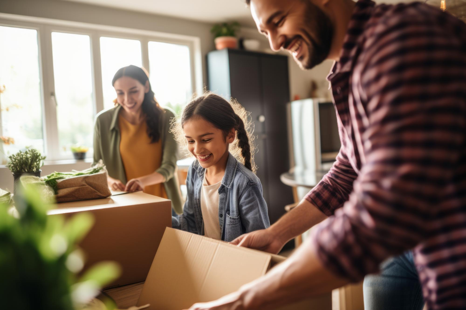 "Une famille joyeuse en train de déménager, avec des boîtes et des meubles, illustrant une situation de garde alternée pendant un déménagement."