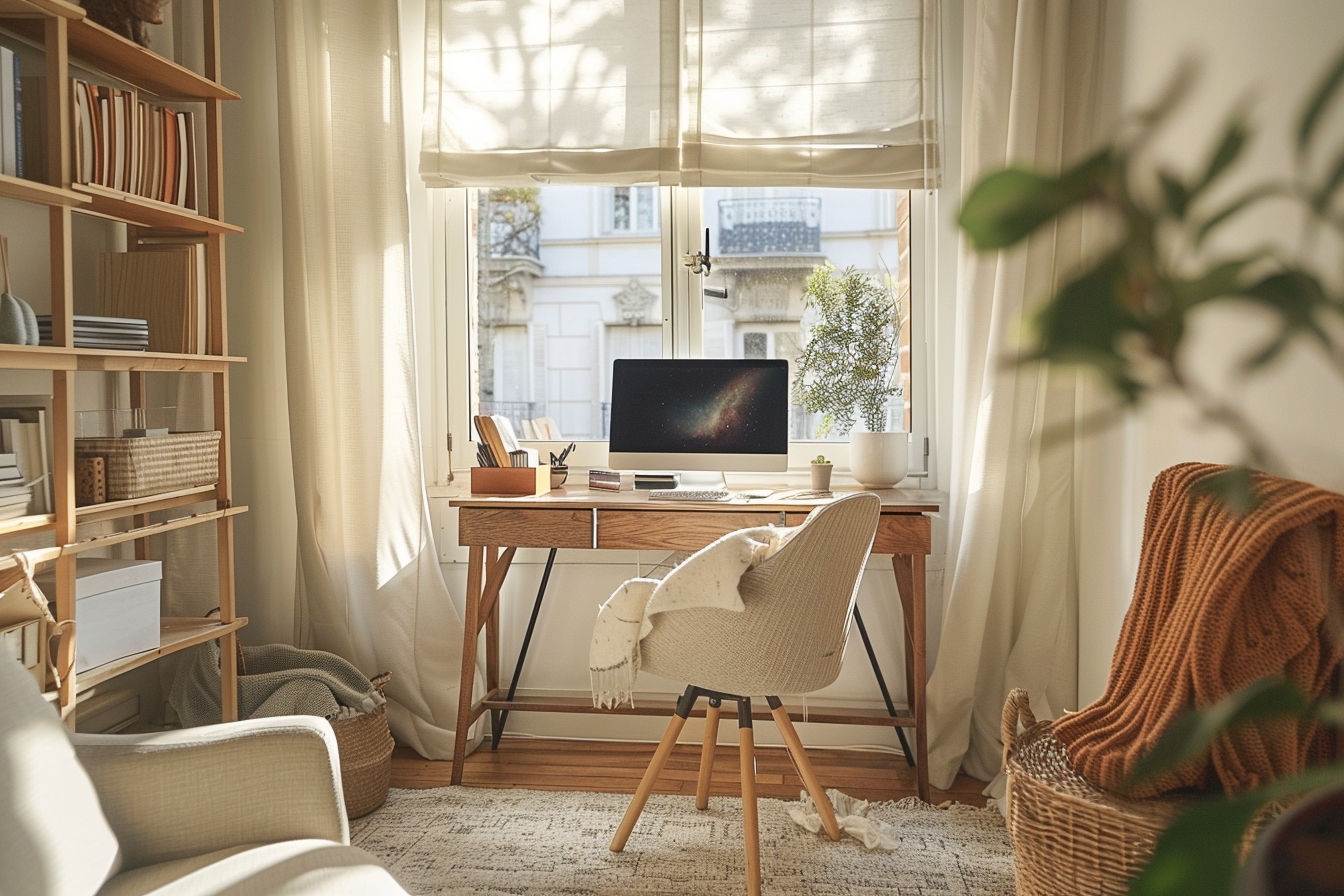 Aménagement astucieux d'un coin bureau fonctionnel dans un petit appartement, optimisant l'espace disponible