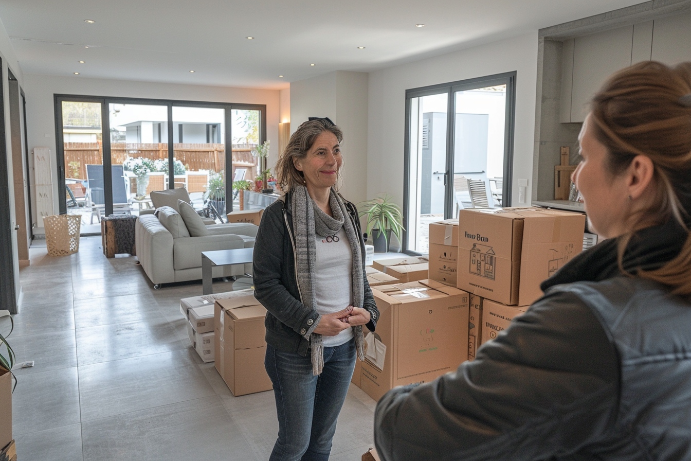 Ménagère expérimentée aidant à emballer des cartons pour un déménagement efficace à Nîmes, illustrant comment bénéficier d'une aide ménagère pour faciliter le processus.